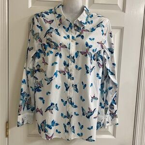 Talbots 100% Cotton Button Down Long Sleeve Blouse with Butterfly Print Size L